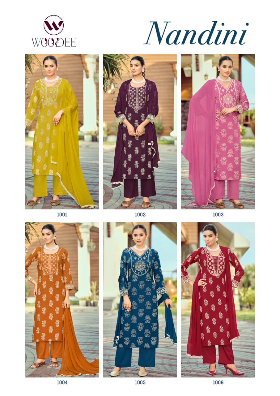 Woodee Nandini Slub Rayon Emboss Print Kurti With Bottom Dupatta