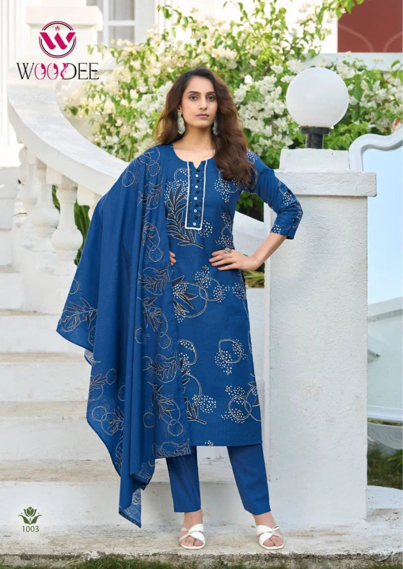 Woodee Tanya Viscose Vertican Mirror Handwork Kurti Pant And Dupatta