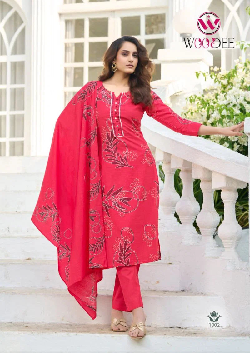 Woodee Tanya Viscose Vertican Mirror Handwork Kurti Pant And Dupatta
