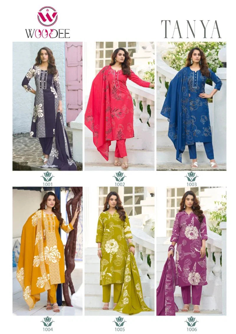 Woodee Tanya Viscose Vertican Mirror Handwork Kurti Pant And Dupatta